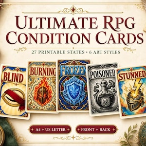 Peut inclure: Un ensemble de cartes d'état Ultimate RPG comprenant 27 états imprimables et 6 styles artistiques. Les cartes affichent des étiquettes telles que Blind, Burning, Frozen, Poisoned et Stunned, avec des illustrations détaillées de casques et potions.
