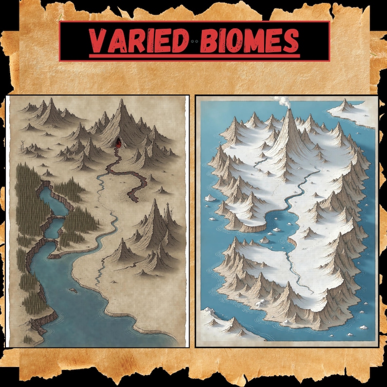 May include: Two illustrations of different biomes. The first shows a mountainous landscape with a river winding through it. The second shows a snowy mountain range with a river winding through it.