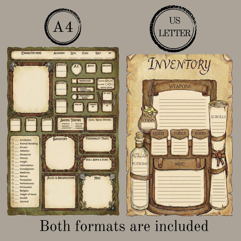 Dnd RANGER Character Sheet - Dnd 5e - 5 Page Set - Printable PDF A4/us ...