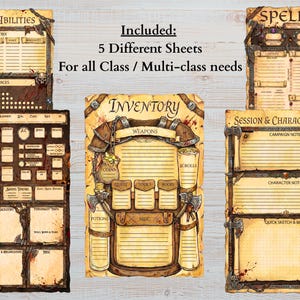 Op de afbeelding: Een set van vijf beige fantasy-karakterbladen met donkerbruine randen voorzien van bijl- en schedelmotieven. De bladen bevatten secties met de labels Combat & Abilities, Spellbook, Inventory en Session & Character Notes met gedrukte tekst.