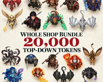 Puede incluir: Una colección de 20.000 fichas de vista superior con personajes de fantasía, dragones y criaturas. El texto dice WHOLE SHOP BUNDLE 20,000 TOP-DOWN TOKENS, seguido de FANTASY / POST-APOCALYPTIC / CYBERPUNK / SCI-FI / PIRATES & OCEAN / VICTORIAN.