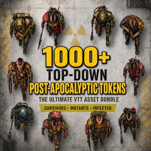 May include: A digital collection of 1000+ top-down post-apocalyptic tokens featuring various survivors, mutants, and infected characters in tactical gear, displayed on a concrete background with a yellow radiation symbol and bold text.