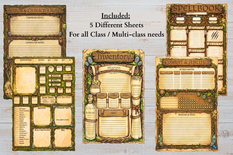 Op de afbeelding: Vijf geprinte karakterbladen voor tabletop rollenspellen met een bruine houten rand versierd met groen mos en klimplanten. De bladen bevatten secties met de labels Session & Character Notes, Spellbook, Inventory en Combat & Abilities.