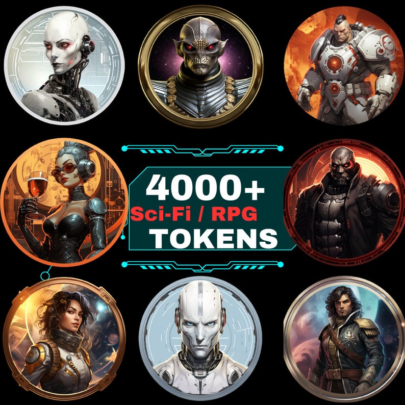 4000 Fantasy SCI-FI Tokens Pack, Character Art,Scifi token, , Tabletop RPG Accessories,Token Frame, Circle Token, cyberpunk token, dnd token image 1