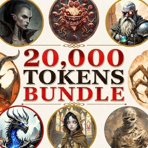 Może przedstawiać: Cyfrowa kolekcja okrągłych ilustracji postaci i stworzeń fantasy, przedstawiająca demona, wampira, wielookiego potwora, brodatego wojownika, hienę, smoka, elfa i mumię, z napisem 20,000 TOKENS BUNDLE.