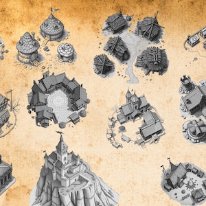 May include: A collection of black and white ink illustrations depicting various architectural structures, including castles, village clusters, and small dwellings, arranged on a textured, light brown parchment-style background.