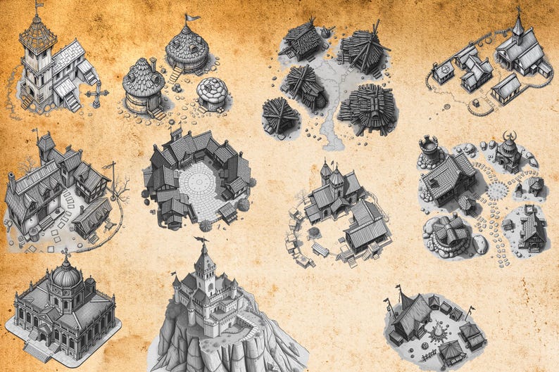 May include: A collection of black and white ink illustrations depicting various architectural structures, including castles, village clusters, and small dwellings, arranged on a textured, light brown parchment-style background.