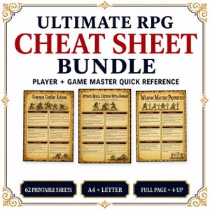 May include: A digital bundle titled Ultimate RPG Cheat Sheet Bundle, Player + Game Master Quick Reference. It displays three beige reference sheets with dark text and illustrations, labeled Common Combat Actions, Attack Rolls, and Weapon Mastery Properties.