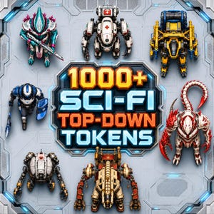 Puede incluir: Una colección de 1000+ fichas de ciencia ficción vistas desde arriba con varias figuras robóticas, personajes blindados y criaturas alienígenas dispuestas alrededor de un emblema central con el texto 1000+ SCI-FI TOP-DOWN TOKENS sobre un fondo gris metálico.