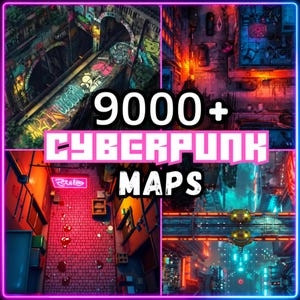 Peut inclure: Une collection numérique de 9000+ Cyberpunk Maps présentant quatre quadrants distincts avec des vues aériennes d'environnements urbains, éclairages néon, tunnels couverts de graffitis, ruelles pavées et structures futuristes.