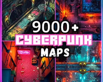Puede incluir: Una colección digital de 9000+ Cyberpunk Maps con cuatro cuadrantes distintos que muestran vistas aéreas de entornos urbanos con iluminación de neón, túneles con grafitis, callejones de ladrillo y estructuras urbanas futuristas.