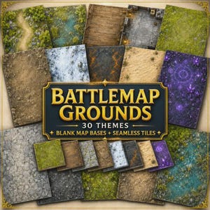 May include: A collection of tabletop gaming battlemap tiles featuring 30 diverse terrain themes including forest paths, stone floors, snowy ground, desert sand, lava, and magical purple crystal landscapes with the text BATTLEMAP GROUNDS 30 THEMES.