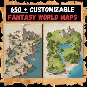 May include: Two fantasy world maps, one with a volcano and a river, the other with a lake and a river. Both maps are drawn in a cartoon style with brown, green, and blue colours.