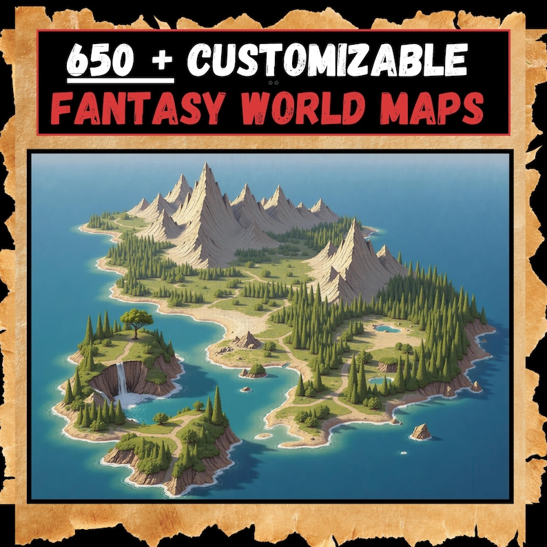 May include: A digital illustration of a fantasy island with mountains, forests, and a coastline. The island is surrounded by blue water. The image is labelled "650+ Customizable Fantasy World Maps".