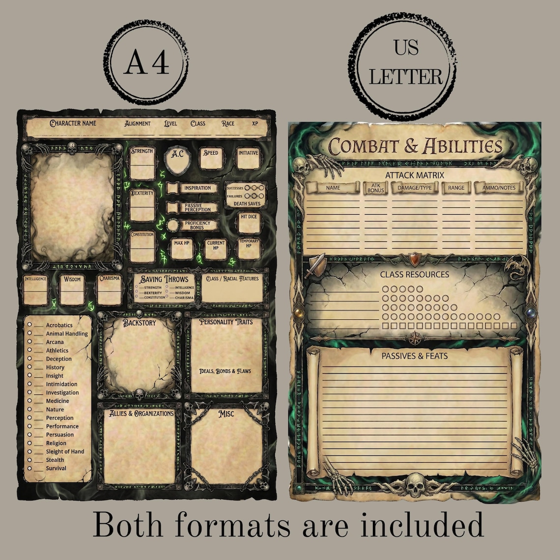 Dnd NECRO LICH Character Sheet - Dnd 5e - 5 Page Set - Printable PDF A4/us Letter - Vintage ...