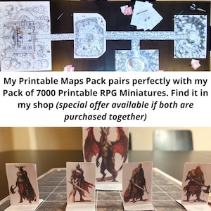 Puede incluir: Una colecci&oacute;n de mapas impresos para juegos de rol de mesa con dise&ntilde;os de mazmorras en blanco y negro, acompa&ntilde;ados de varias miniaturas de personajes de papel que incluyen un drag&oacute;n, guerreros y un enano sobre un tablero.