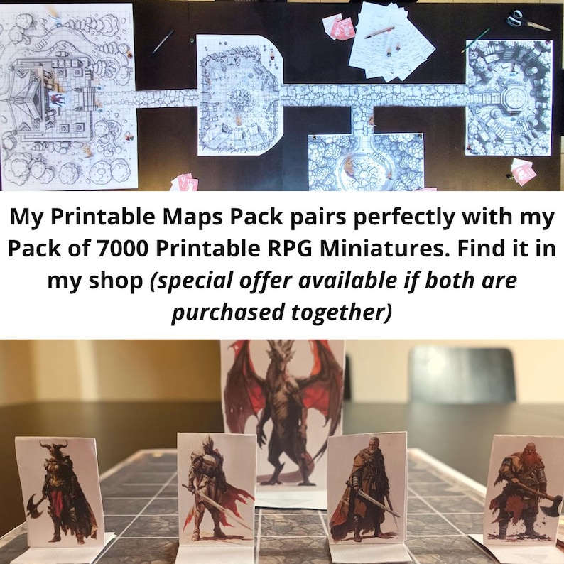 Puede incluir: Una colecci&oacute;n de mapas impresos para juegos de rol de mesa con dise&ntilde;os de mazmorras en blanco y negro, acompa&ntilde;ados de varias miniaturas de personajes de papel que incluyen un drag&oacute;n, guerreros y un enano sobre un tablero.