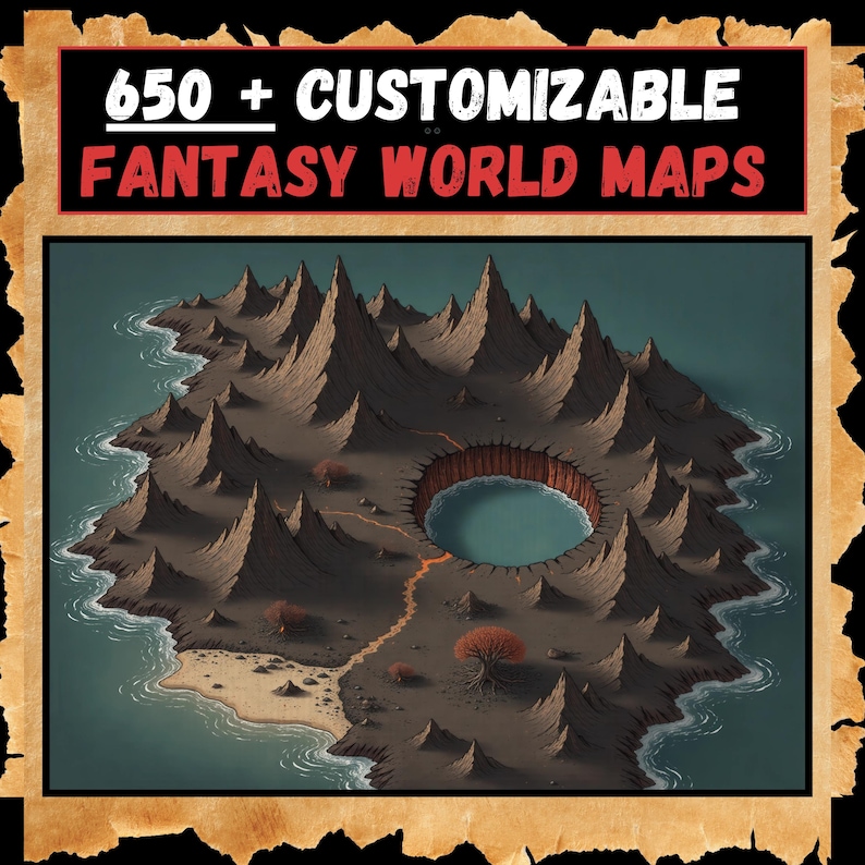 May include: A digital illustration of a fantasy island with a large crater lake, surrounded by rocky mountains and a sandy beach. The island is surrounded by blue water.