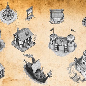 May include: A collection of black and white isometric illustrations featuring a stone pillar, a fountain, a signpost, a bench, a street lamp, a well, a timber-framed house, a castle gatehouse, a building, a sailing ship, and a fortified castle.