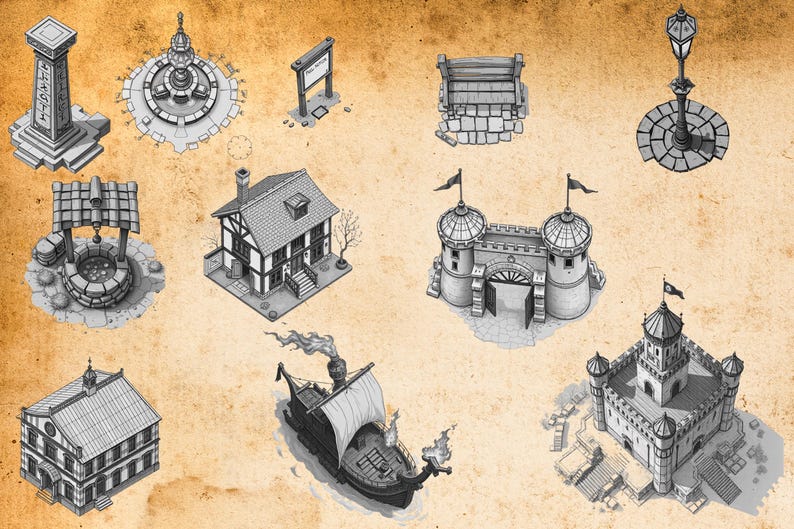 May include: A collection of black and white isometric illustrations featuring a stone pillar, a fountain, a signpost, a bench, a street lamp, a well, a timber-framed house, a castle gatehouse, a building, a sailing ship, and a fortified castle.