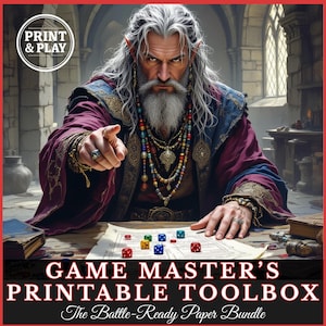 Puede incluir: Ilustración digital de un maestro de juego de fantasía señalando al espectador. La imagen presenta un mago con una larga barba blanca, joyas coloridas y dados sobre una mesa. El texto dice "GAME MASTER'S PRINTABLE TOOLBOX" y "The Battle-Ready Paper Bundle."
