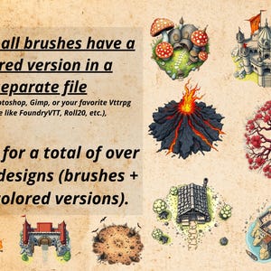 May include: A digital collection of fantasy map icons featuring a mushroom house, a castle, a volcano, a red-leafed tree, a wooden cabin, and a coastal fortress. Text reads: Almost all brushes have a colored version in a separate file. Making for a total of over 30,000 designs.