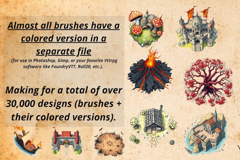 May include: A digital collection of fantasy map icons featuring a mushroom house, a castle, a volcano, a red-leafed tree, a wooden cabin, and a coastal fortress. Text reads: Almost all brushes have a colored version in a separate file. Making for a total of over 30,000 designs.