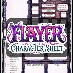 May include: A fantasy-themed character sheet with a purple and teal color scheme. The sheet includes sections for character name, stats, and skills. The word "FLAYER" is prominently displayed, along with "CHARACTER SHEET".