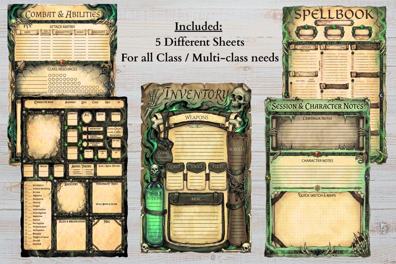 Op de afbeelding: Vijf rollenspel-karakterbladen met een groene en beige perkament-esthetiek. De bladen bevatten secties met de labels Combat & Abilities, Inventory, Spellbook en Session & Character Notes, versierd met schedels en botten.