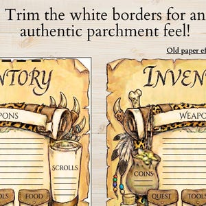 Op de afbeelding: Twee geprinte inventarisbladen met een oud papier-effect, voorzien van de tekst "Inventory", "Weapons", "Scrolls", "Coins", "Quest", "Tools" en "Food". Het ontwerp bevat illustraties van dierenprints, botten en veren.