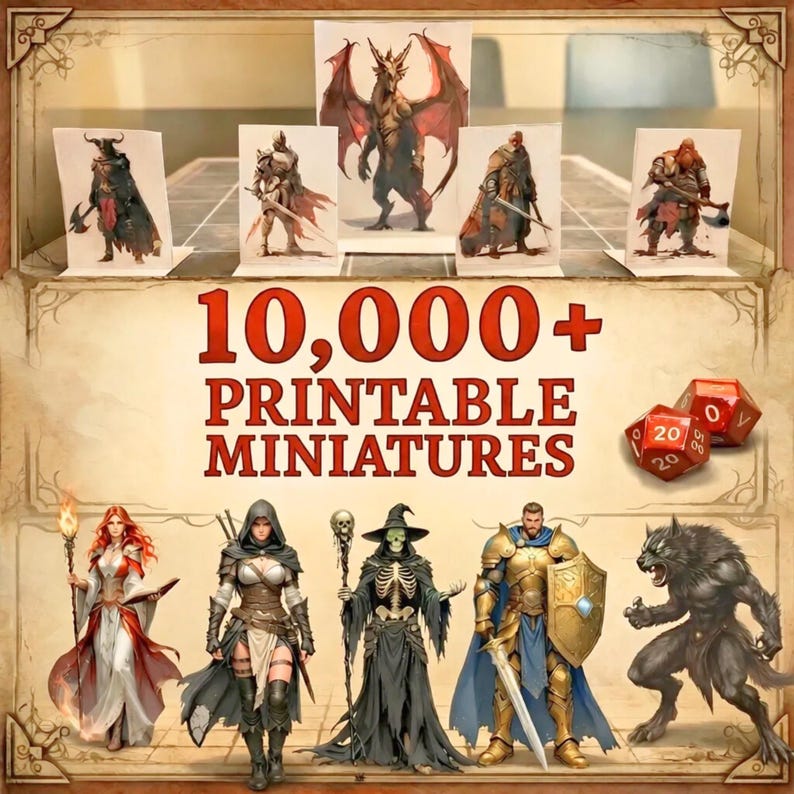 Más de 10.000 miniaturas de fantasía, miniaturas de papel imprimibles para DnD, Pathfinder y varios juegos de rol de mesa de fantasía medieval. imagen 1