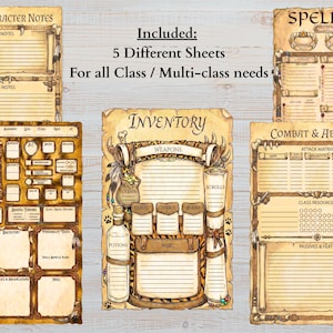 Op de afbeelding: Vijf beige karakterbladen in perkamentstijl voor rollenspellen met donkerbruine randen en tribale illustraties. De bladen bevatten koppen zoals Session & Character Notes, Spellbook, Inventory en Combat & Abilities met bijbehorende tekst.