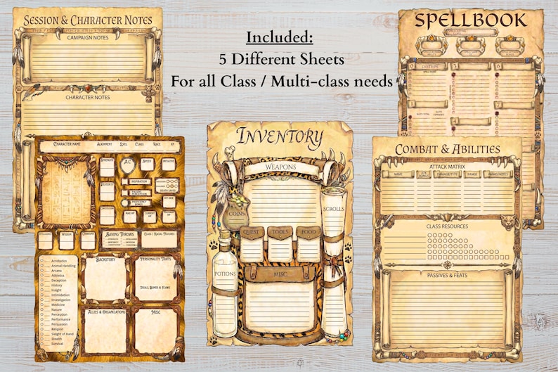 Op de afbeelding: Vijf beige karakterbladen in perkamentstijl voor rollenspellen met donkerbruine randen en tribale illustraties. De bladen bevatten koppen zoals Session & Character Notes, Spellbook, Inventory en Combat & Abilities met bijbehorende tekst.