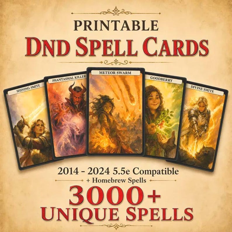Smite Spell 3,000 Dnd Spell Cards Bundle 5e Compatible 2014 and 2024 SRD + Homebrew ...
