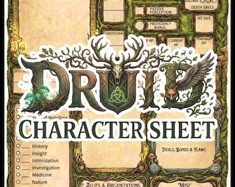 Druïde personageblad - Compatibel met DnD 5e - Set van 5 pagina's - Afdrukbare PDF A4/US Letter - Vintage perkament - Digitale download
