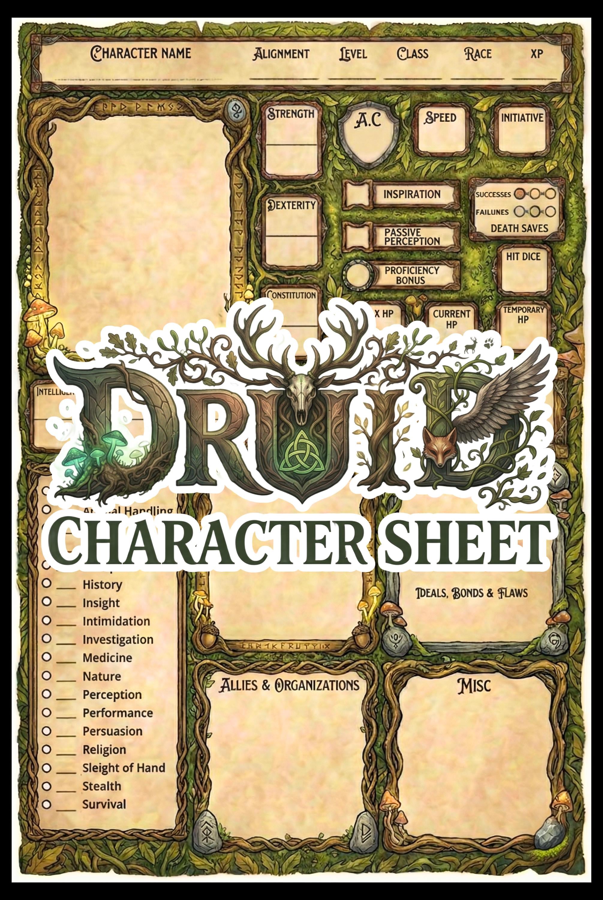 Dnd DRUID Character Sheet - Dnd 5e - 5 Page Set - Printable PDF A4/US ...
