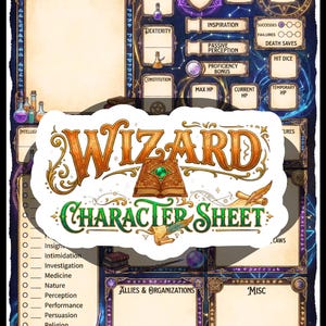 Op de afbeelding: Een fantasie-thema karakterblad voor een tovenaar, met secties voor statistieken, vaardigheden en vaardigheden. Het blad heeft een decoratieve rand en bevat de tekst "WIZARD CHARACTER SHEET" in een gestileerd lettertype.