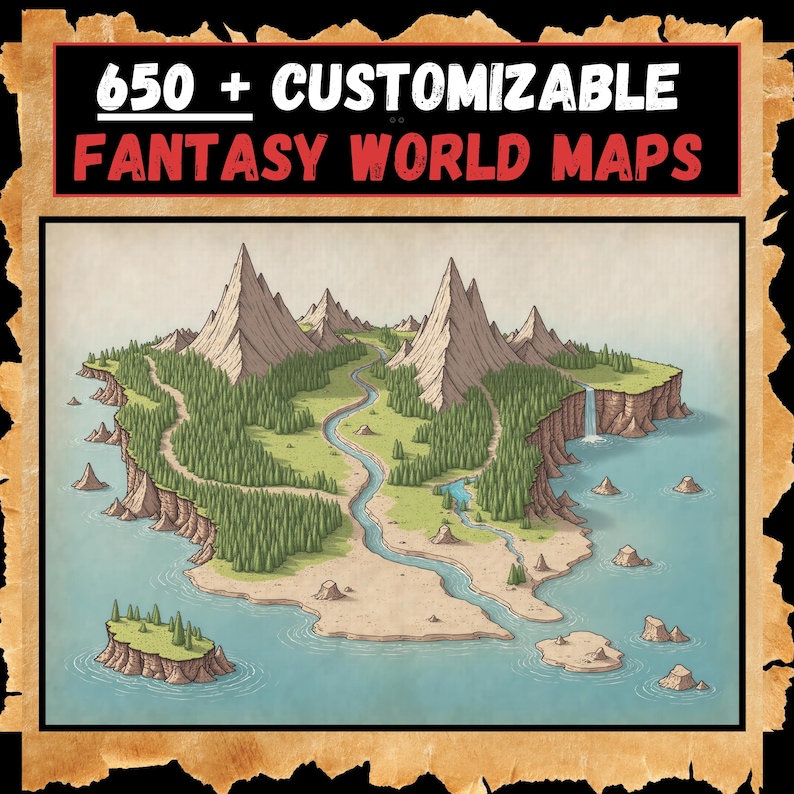 May include: A hand-drawn illustration of a fantasy world map featuring a large island, mountains, a river, and a waterfall. The island is surrounded by water and has a sandy beach. The map is in shades of brown, green, and blue.