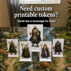 Puede incluir: Cinco fichas de personaje verticales de papel con ilustraciones de fantas&iacute;a de un caballero, un arquero, un druida, un mago y un guerrero. El texto dice: Need custom printable tokens? Send me a message to chat! Las fichas est&aacute;n sobre un tapete.
