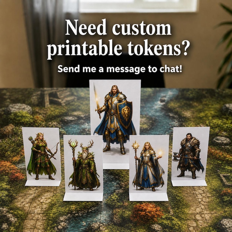 Puede incluir: Cinco fichas de personaje verticales de papel con ilustraciones de fantas&iacute;a de un caballero, un arquero, un druida, un mago y un guerrero. El texto dice: Need custom printable tokens? Send me a message to chat! Las fichas est&aacute;n sobre un tapete.