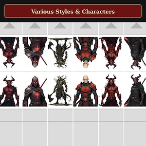 Puede incluir: Una cuadr&iacute;cula titulada Various Styles & Characters que muestra doce ilustraciones de figuras de fantas&iacute;a. Los personajes incluyen demonios rojos con cuernos, un caballero encapuchado con una cruz roja brillante, una criatura arb&oacute;rea verde y un guerrero calvo con armadura roja.