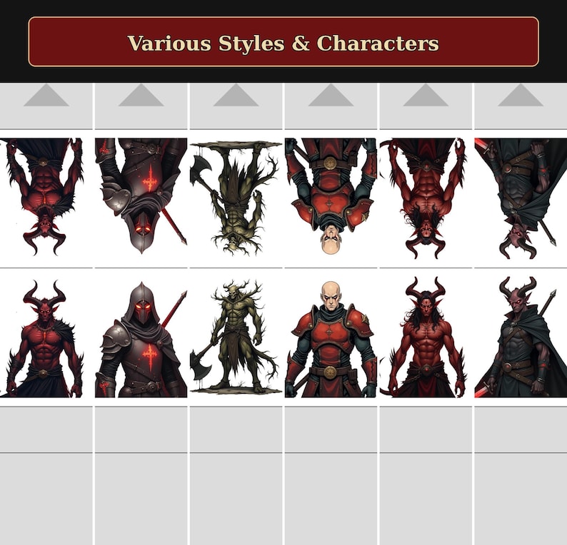 Puede incluir: Una cuadr&iacute;cula titulada Various Styles & Characters que muestra doce ilustraciones de figuras de fantas&iacute;a. Los personajes incluyen demonios rojos con cuernos, un caballero encapuchado con una cruz roja brillante, una criatura arb&oacute;rea verde y un guerrero calvo con armadura roja.