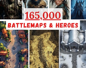 May include: A digital collection featuring 165,000 BATTLEMAPS & HEROES, displaying various fantasy character portraits including an orc, cyclops, archer, and mage, alongside top-down maps of a village, a desert skeleton, and a snowy building.