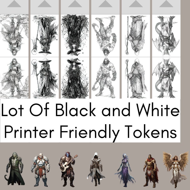 Puede incluir: Una colecci&oacute;n de ilustraciones de personajes en blanco y negro dispuestas en dos filas, con varias figuras de fantas&iacute;a que incluyen guerreros, magos y criaturas. El texto "Lot Of Black and White Printer Friendly Tokens" se muestra debajo.