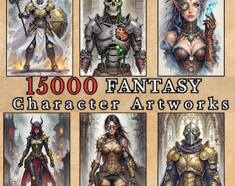 May include: A collection of six fantasy character illustrations featuring a knight, a mechanical skeleton, an elf, a horned figure, an adventurer, and an armored warrior, with the text 15000 FANTASY Character Artworks displayed in the center.