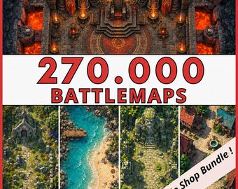 May include: A digital collection of 270,000 battlemaps featuring a top-down view of a lava-filled throne room, a stone graveyard, a tropical beach with a wooden pier, a large stone statue in a forest, and a village with multiple buildings.