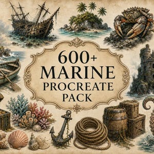 May include: A digital collection titled 600+ MARINE PROCREATE PACK featuring illustrations of a lighthouse, shipwreck, island, crab, ship wheel, boat, stone tower, treasure chest, coral, seashells, anchor, rope, wooden barrels, and octopus tentacles.