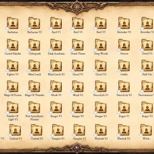 Op de afbeelding: Een digitaal display met een raster van talloze beige mapiconen, elk gelabeld met tekst zoals Alchemist, Barbarian, Bard en verschillende personageklassen. De achtergrond lijkt op verouderd perkament met decoratieve randen, een lantaarn en een schedel.