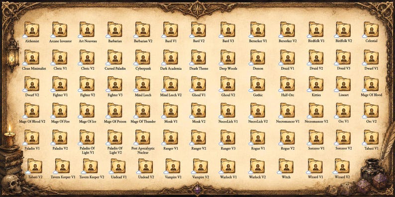 Op de afbeelding: Een digitaal display met een raster van talloze beige mapiconen, elk gelabeld met tekst zoals Alchemist, Barbarian, Bard en verschillende personageklassen. De achtergrond lijkt op verouderd perkament met decoratieve randen, een lantaarn en een schedel.