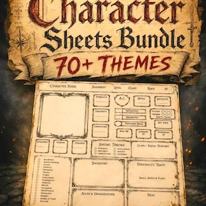 Op de afbeelding: Een beige karakterblad in perkamentstijl voor rollenspellen met zwarte inkttekst en randen. De koptekst luidt Character Sheets Bundle 70+ THEMES. Het blad bevat velden voor naam, statistieken, vaardigheden, reddingsworpen en achtergrondverhaal.